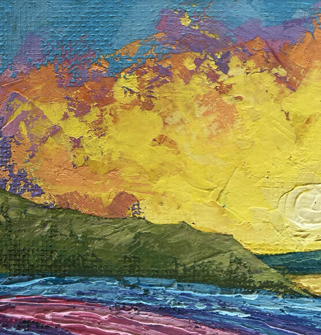 Vibrant oil painting of yellow sunset lights over mountains by V. Zadorozhnya