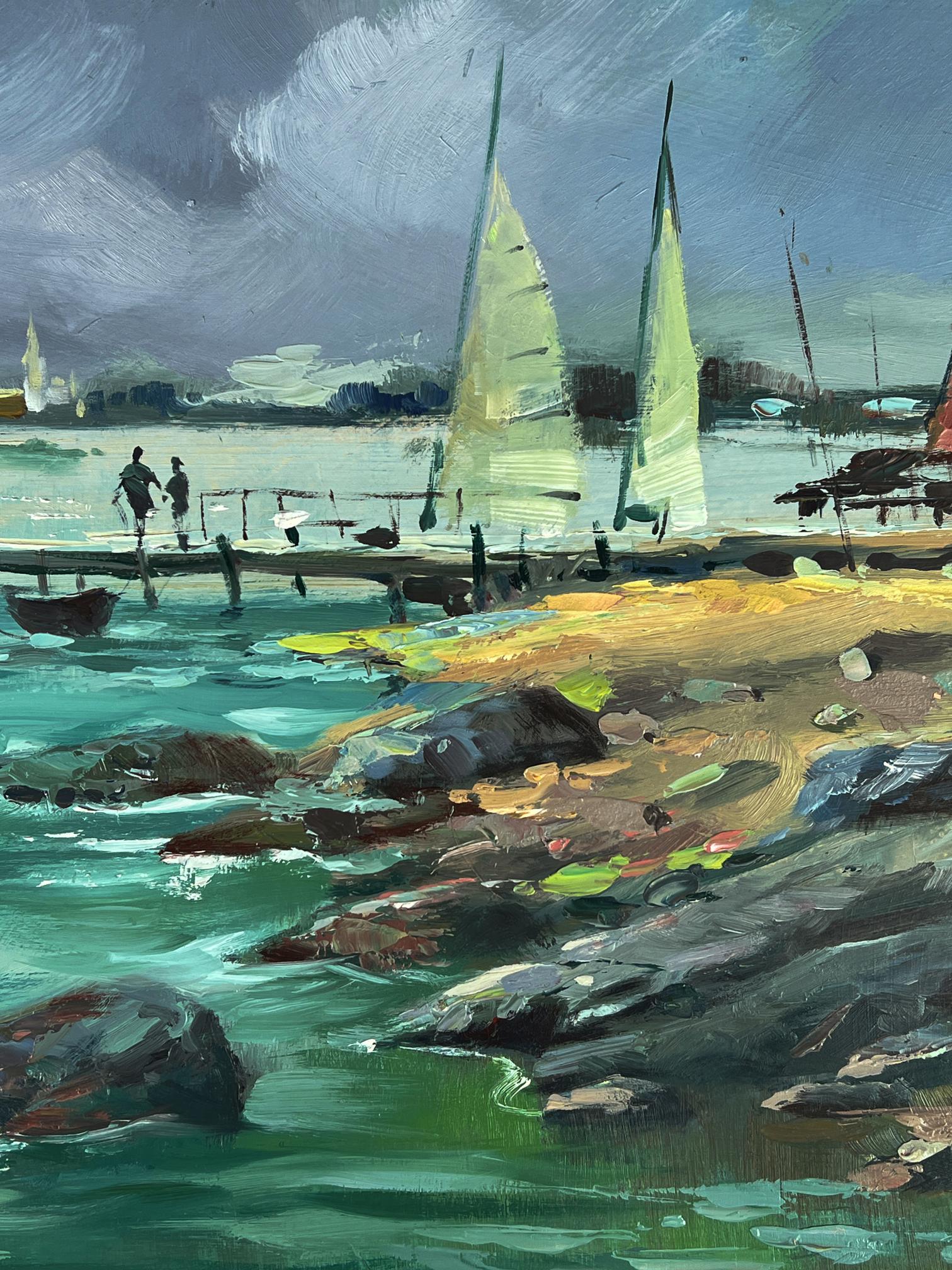 Vibrant impressionist oil painting Sea boats at the pier by Yuriy Suprunchuk