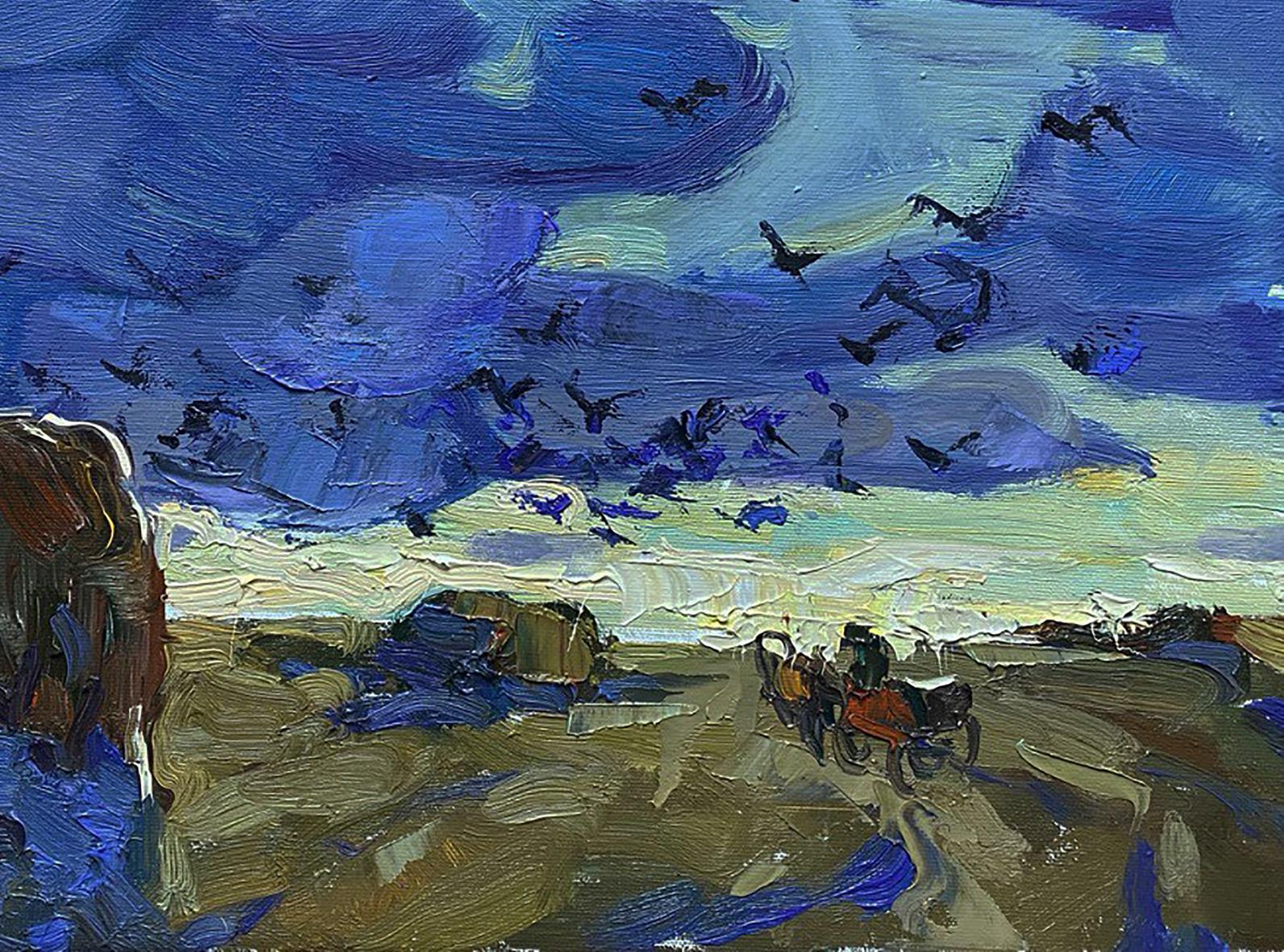 Oil painting The Long Road Home by Oleksiy Ivanyuk with dramatic sky