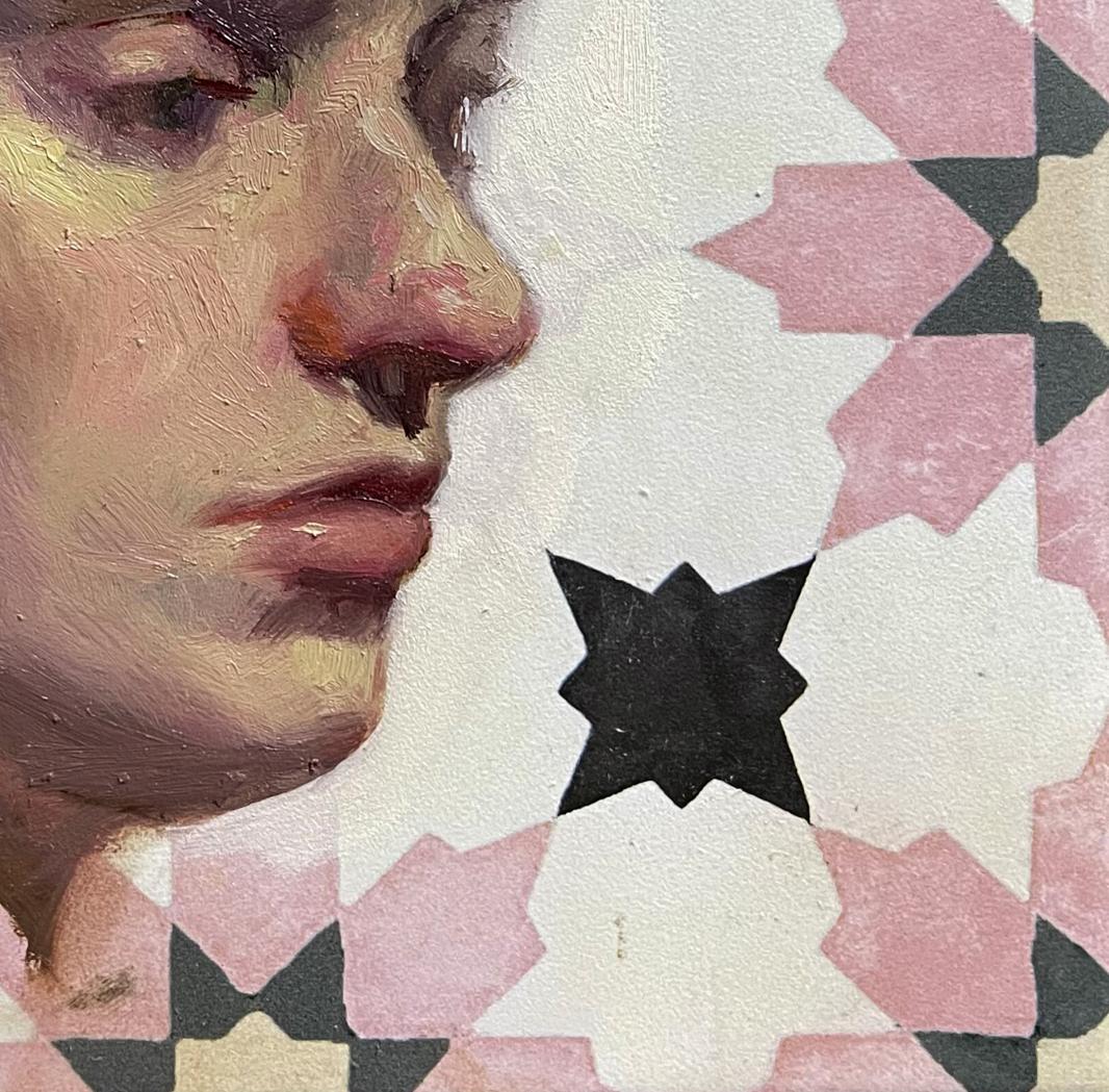 Oil painting portrait of woman Helena Annam Butt, close-up profile