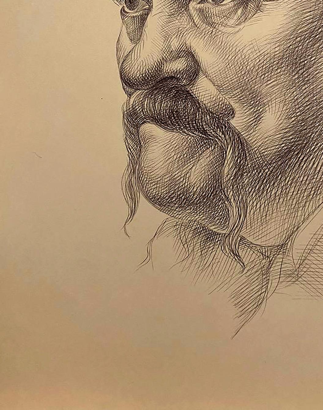Detailed pencil sketch portrait of mustached man by Natalia Bulat