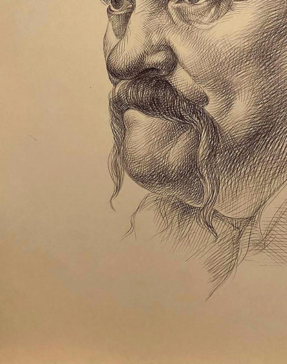 Detailed pencil sketch portrait of mustached man by Natalia Bulat