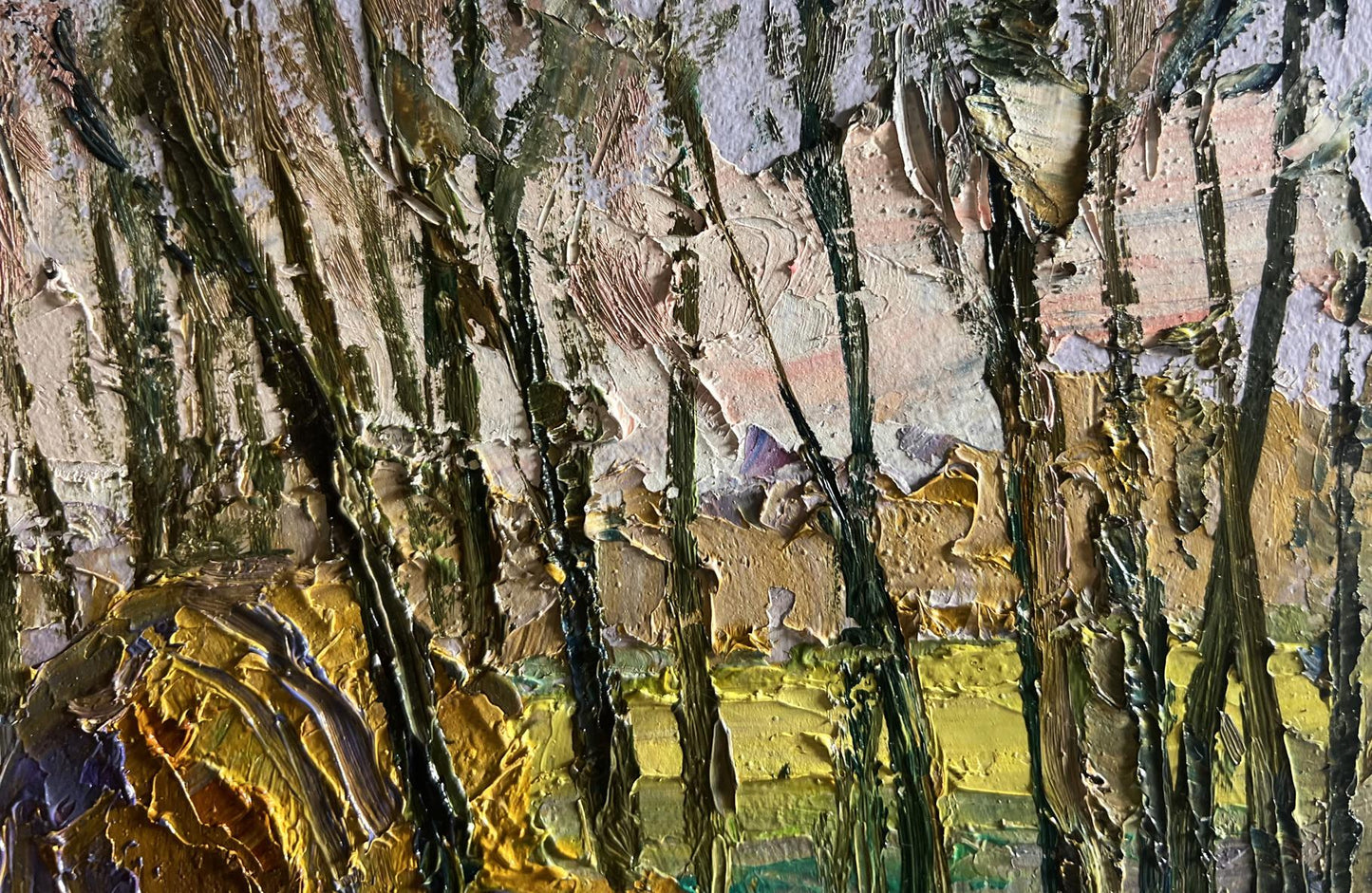 Oil painting March days in the field by Boris Serdyuk with gold green impasto
