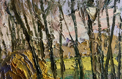 Oil painting March days in the field by Boris Serdyuk with gold green impasto