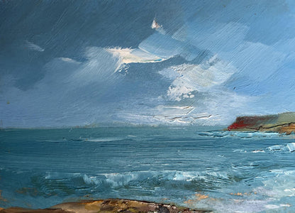 Textured oil painting Sea Horizon by Yuriy Suprunchuk: dynamic blue waves, rocky shore