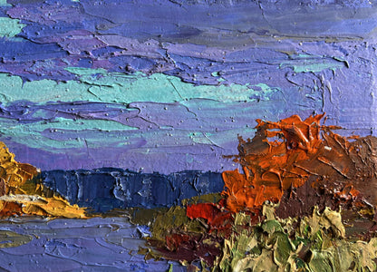 Oil painting Evening on the river by Boris Serdyuk with purple-blue sky