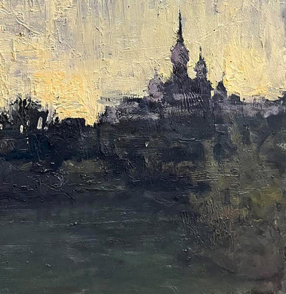 Textured oil painting by Volodymyr Pashchenko: silhouetted church against golden sky