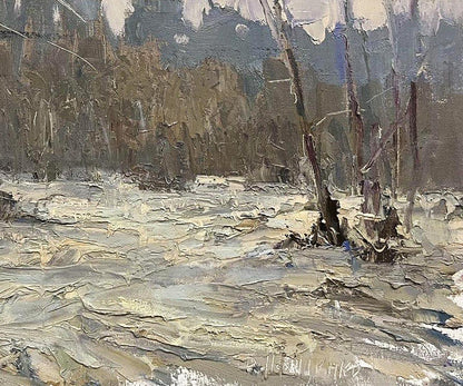Oil painting It snowed in the forest by Volodymyr Pashchenko snowy landscape
