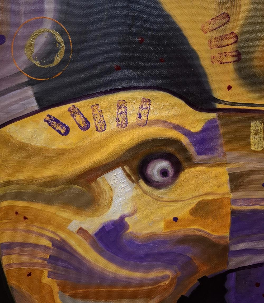 Oil painting The Lost World by Sergiy Voichenko: surreal purple eye with golden swirls