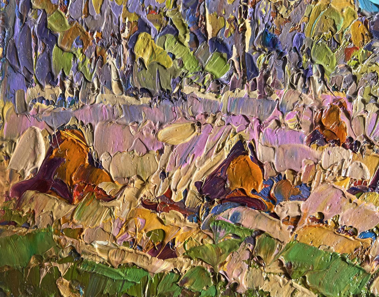 Oil painting Autumn haystacks by Oleksiy Ivanyuk vibrant impasto abstract