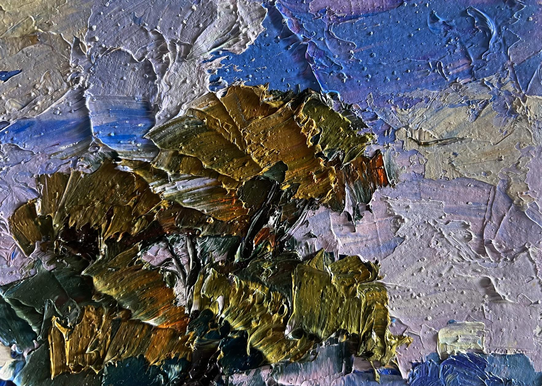 Oil painting September day in the field by Boris Serdyuk, impasto gold and brown strokes on blue purple backdrop