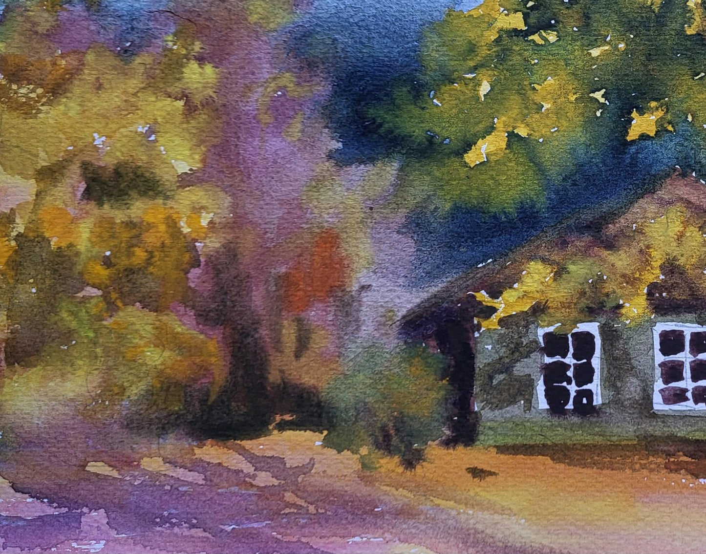 Watercolor painting Leaves at the Doorstep by Boris Serdyuk rustic autumn cottage