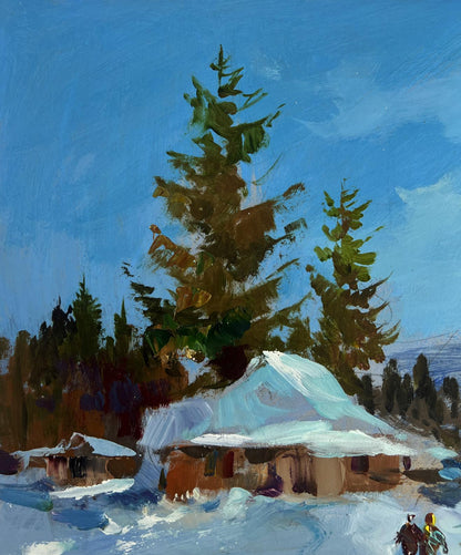 Oil painting Along the snowy path by Yuriy Suprunchuk: snow-covered house amid evergreens
