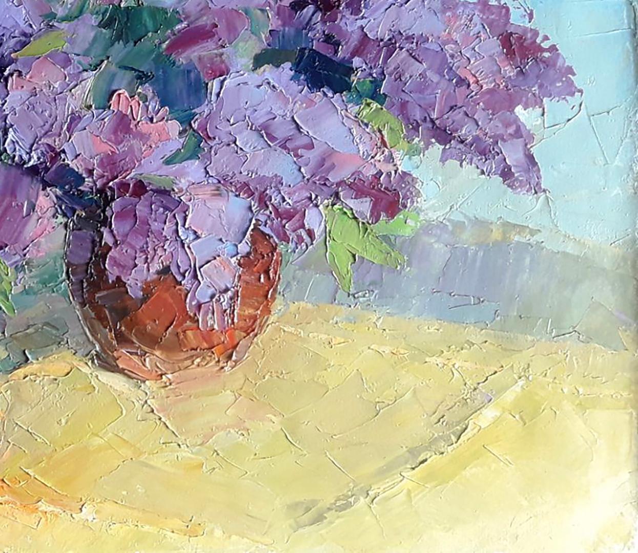 Oil painting of vibrant purple lilac bouquet in earth-toned ceramic vase by Boris Serdyuk