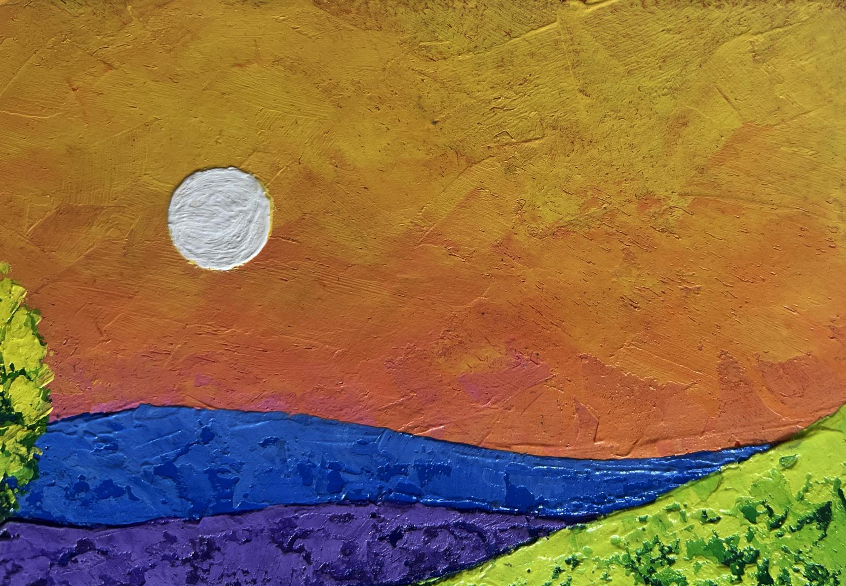 Oil painting Romantic flaming evening by V. Zadorozhnya with moon and hills