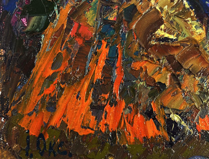 Vibrant orange brown impasto oil painting Stars twinkle by Oksana Ivanyuk