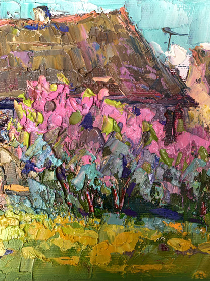 Vibrant oil painting of Oksana Ivanyuk blooming garden thatched house in lush pink foliage