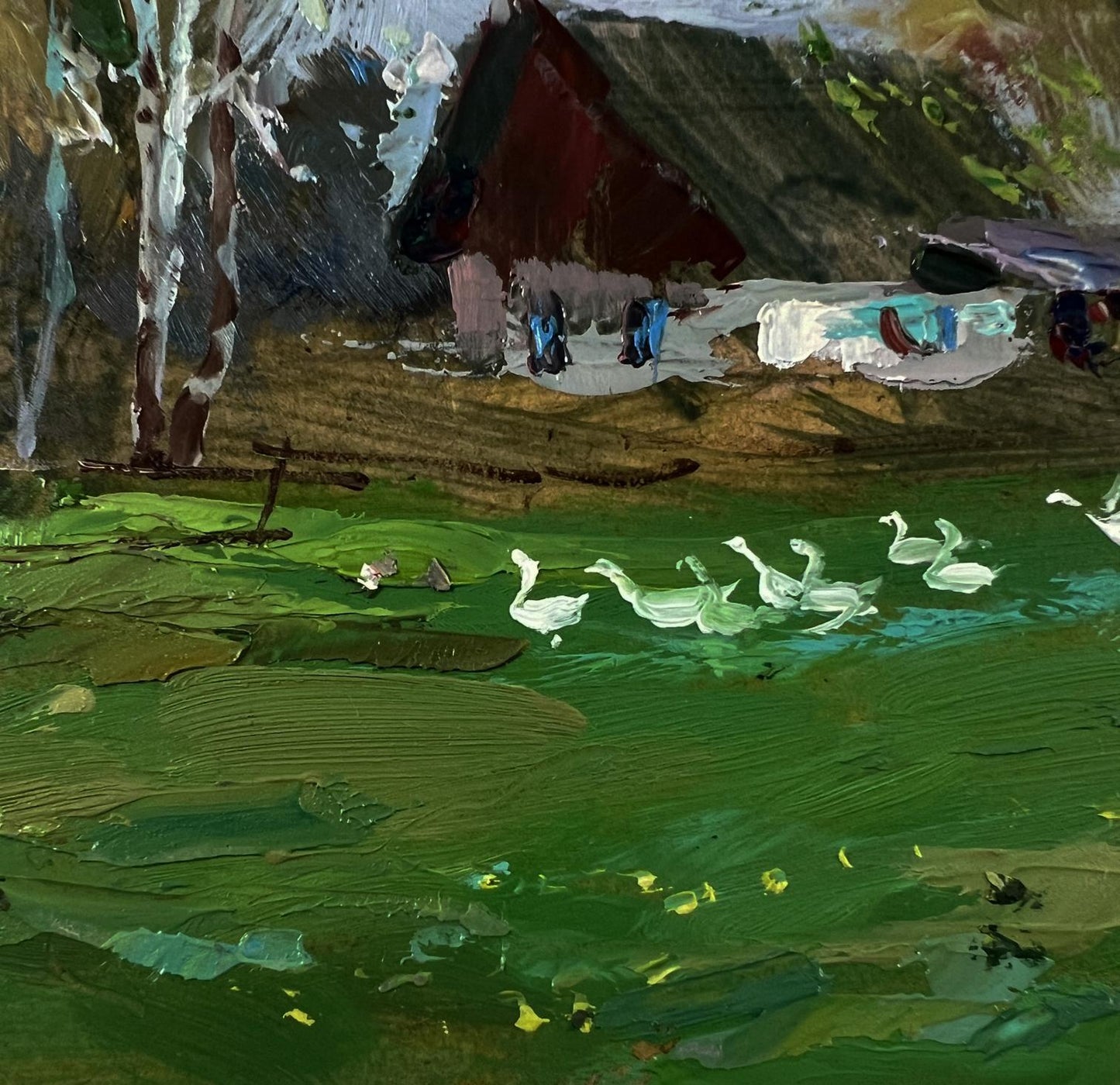 Oil painting Country geese by Yuriy Suprunchuk: geese on green water