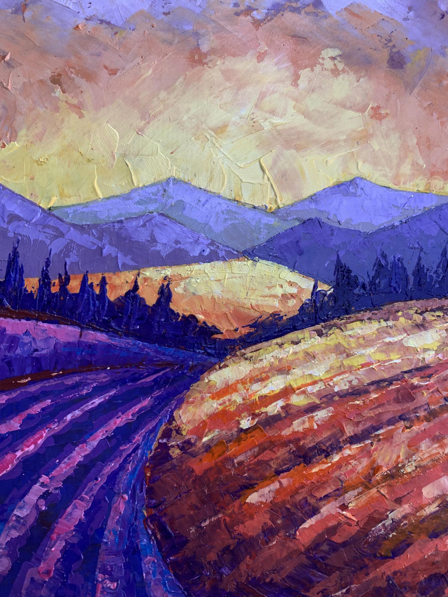 Vibrant Oil painting Mountain Sunset V. Zadorozhnya with lavender fields
