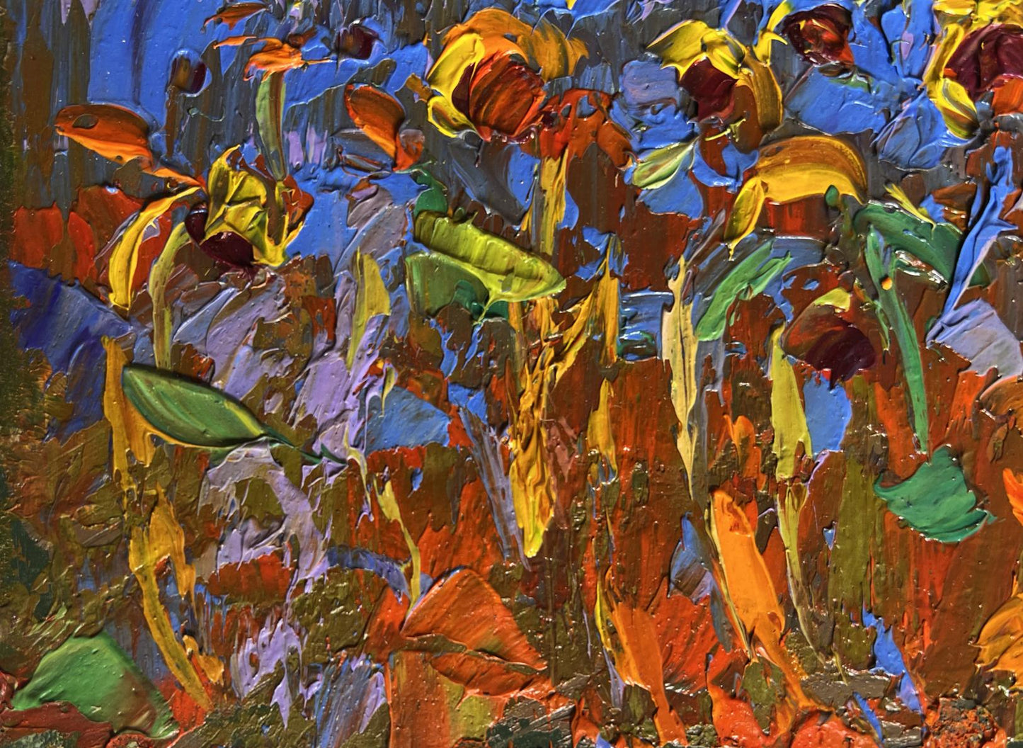 Vibrant impressionist oil painting of yellow sunset over sunflowers by Oleksiy Ivanyuk