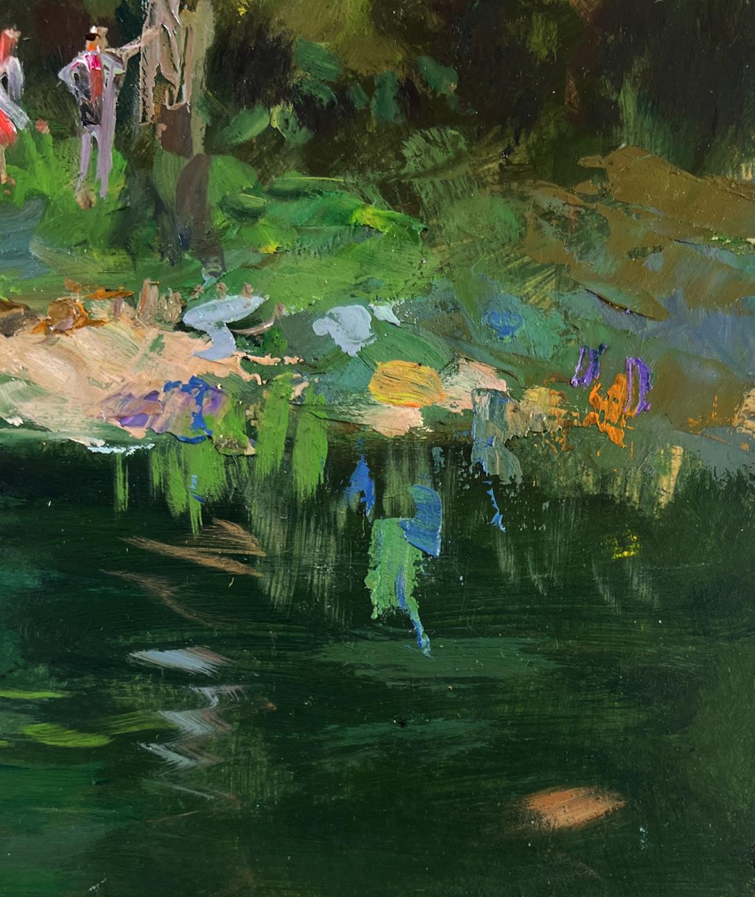 Vibrant impressionist oil painting of forest descending to green riverbank by Yuriy Suprunchuk
