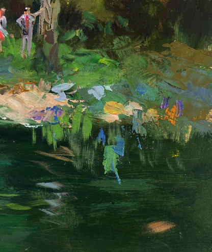 Vibrant impressionist oil painting of forest descending to green riverbank by Yuriy Suprunchuk