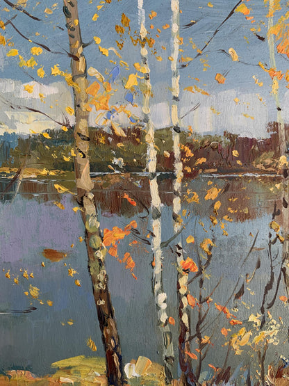Oil painting View through the birches by Yuriy Suprunchuk autumn lake scene