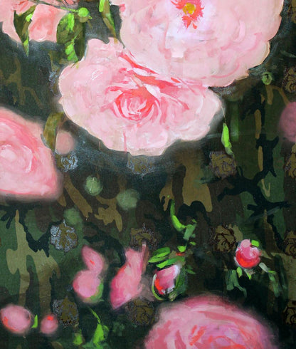 Oil painting Briar Ed Potapenkov: pink roses with green leaves on dark textured background