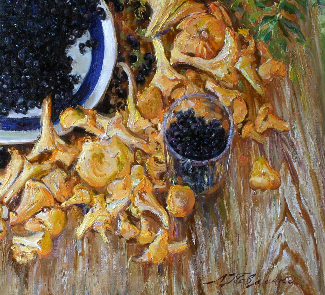 Oil painting of golden chanterelles and blueberries in glass by Leonid Pavlenko
