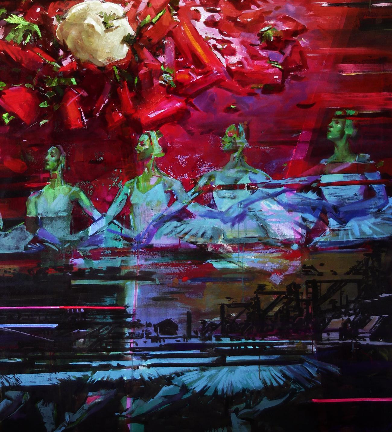 Vibrant Oil painting Borsch Ed Potapenkov: ballet dancers in green blue on red chaos