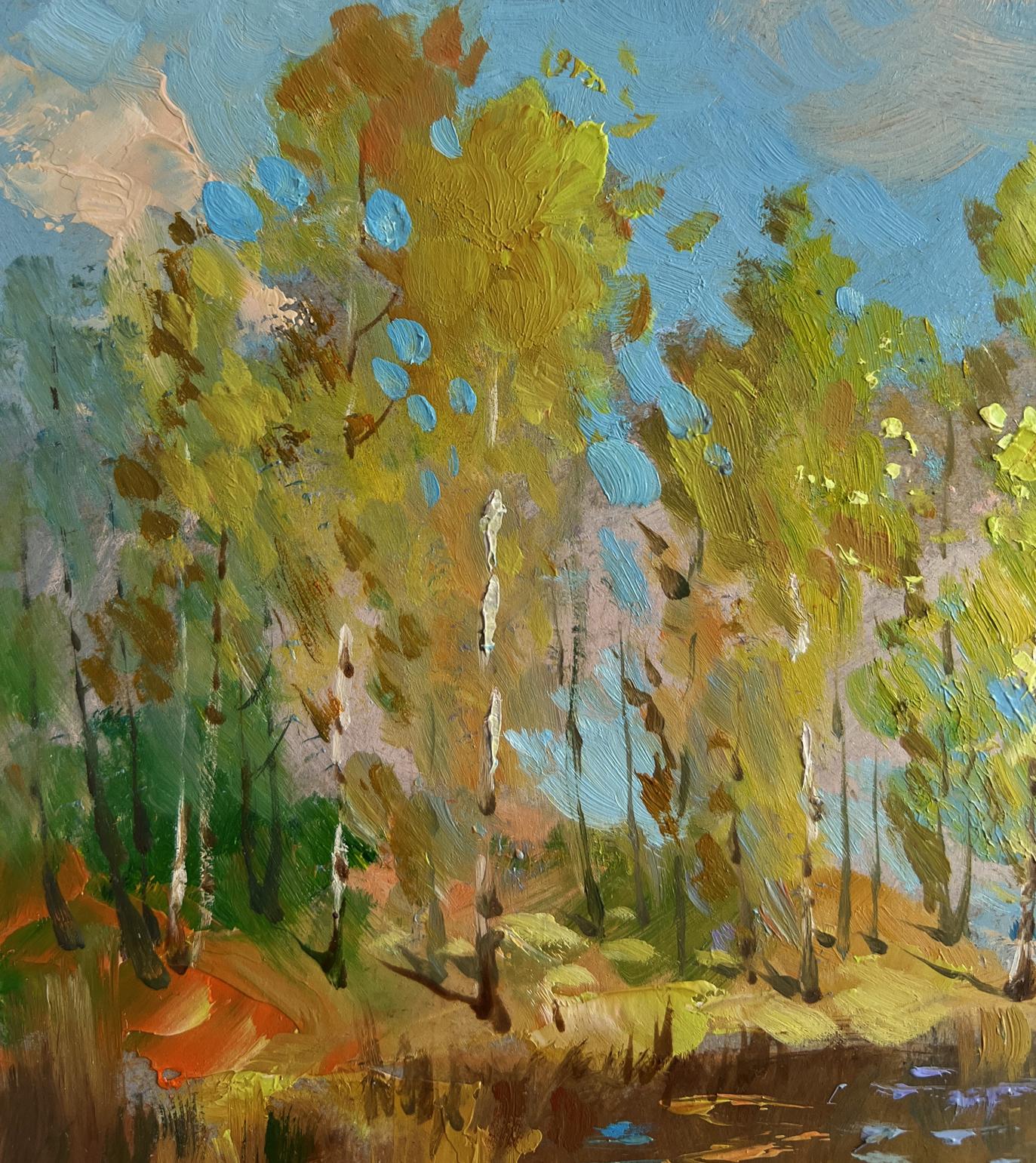 Vibrant impressionist oil painting of autumn birch trees reflection in river by Yuriy Suprunchuk