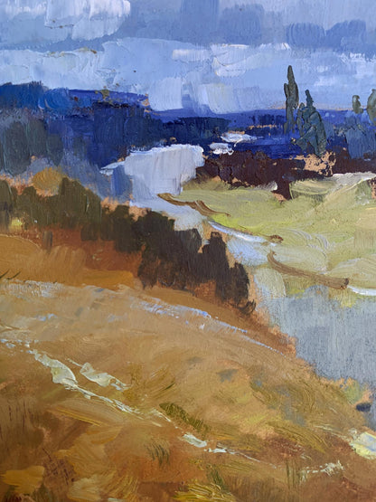 Textured oil painting of river flowing into distance by Yuriy Suprunchuk