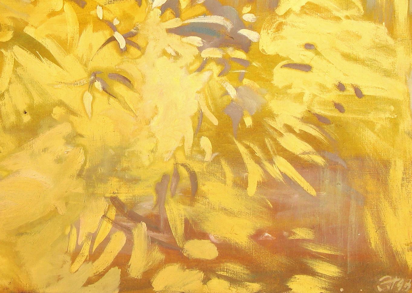 Vibrant yellow abstract oil painting by Ed Potapenkov with orange and gray hints