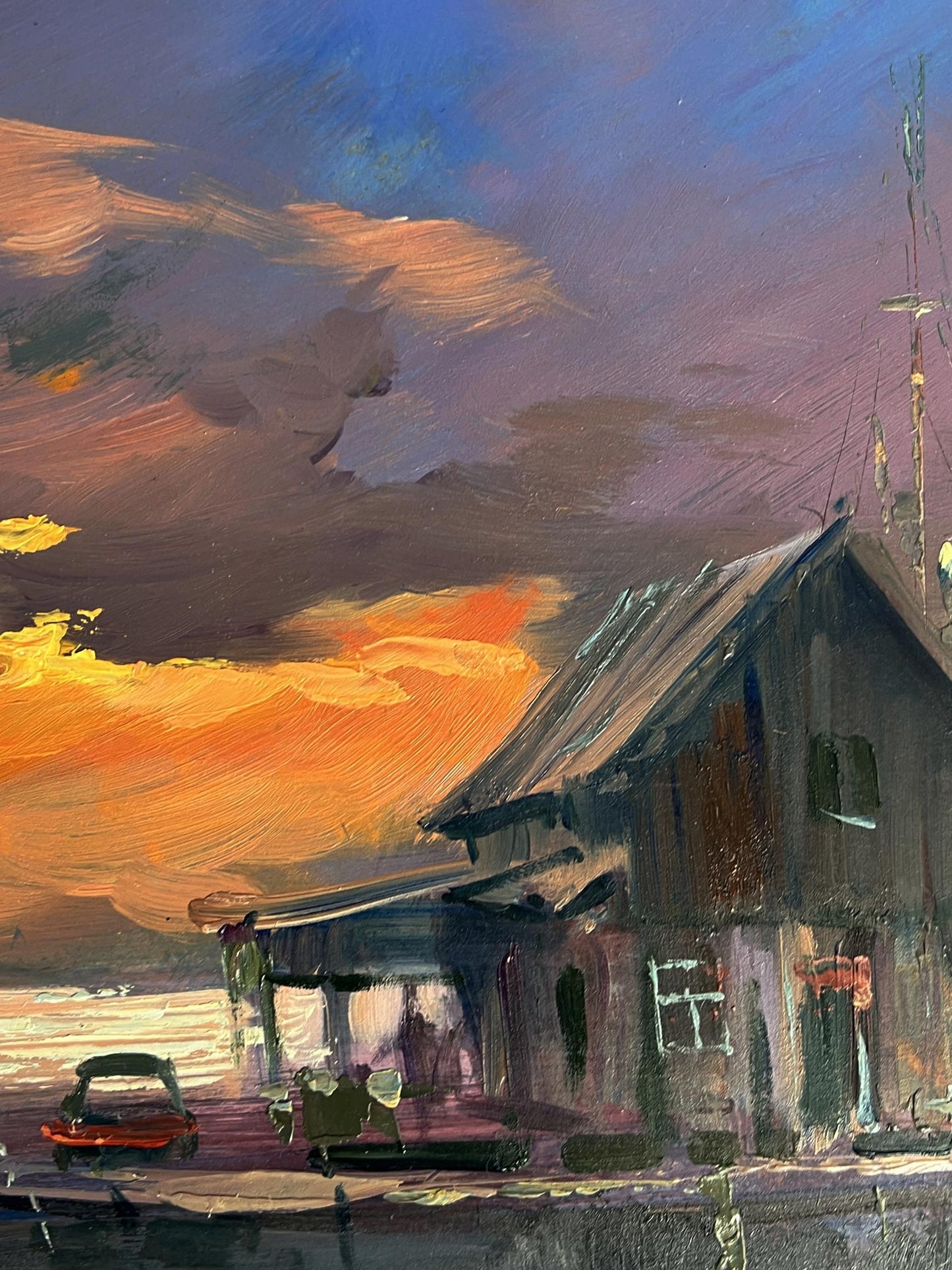 Oil painting of rustic wooden house by evening boat dock, Yuriy Suprunchuk