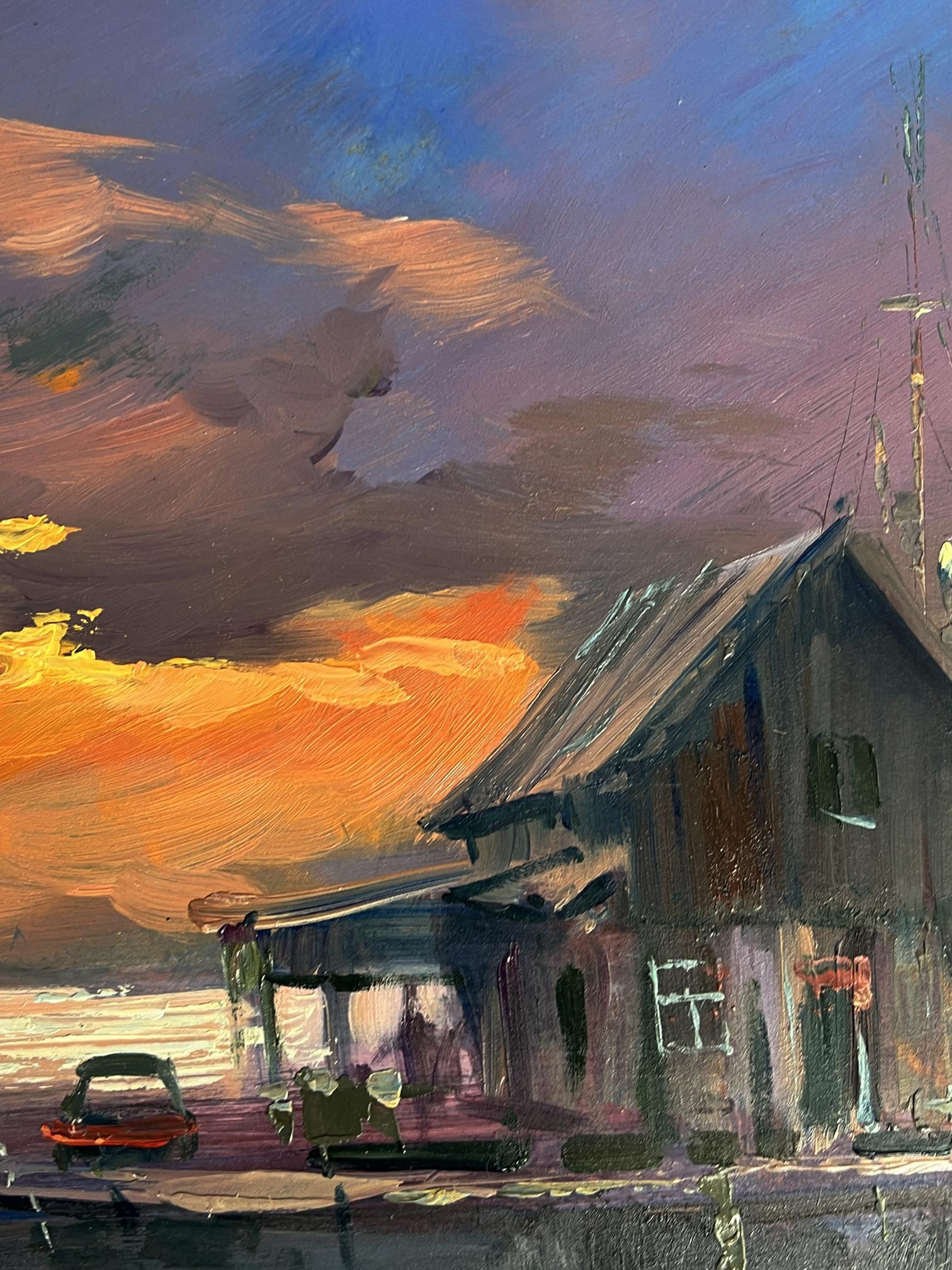 Oil painting of rustic wooden house by evening boat dock, Yuriy Suprunchuk
