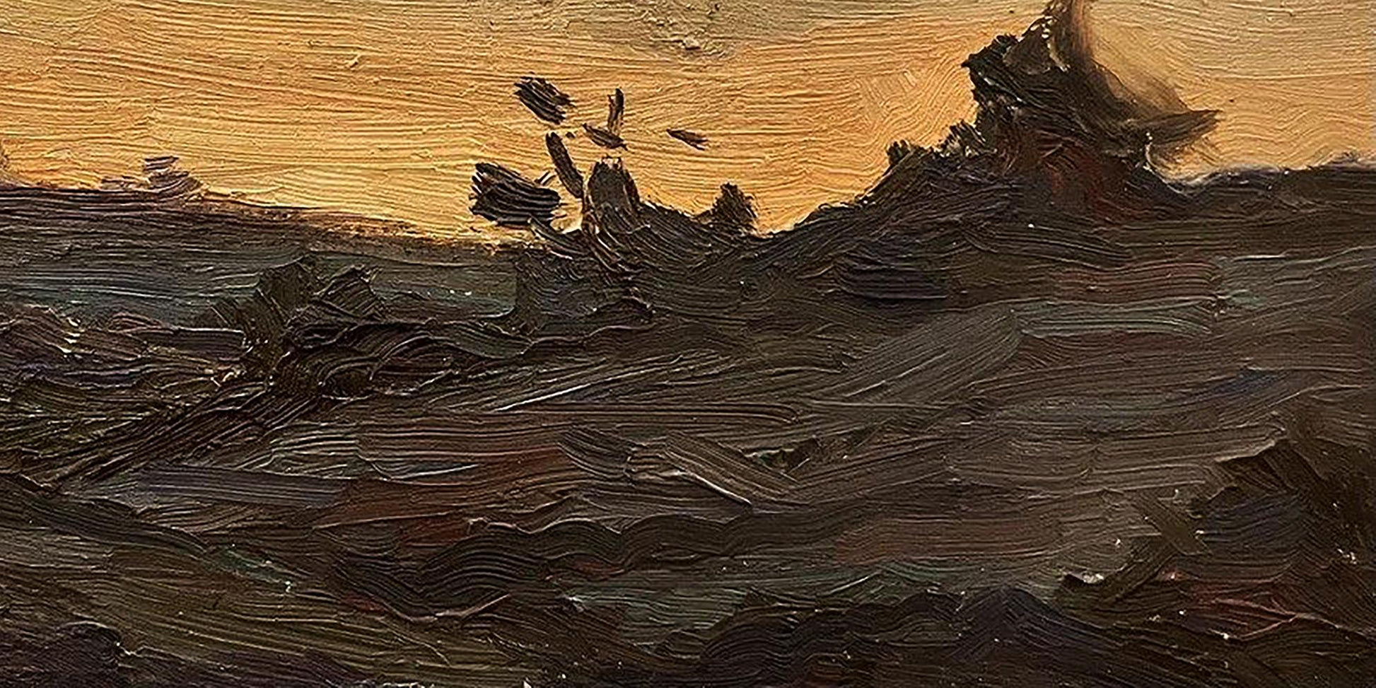 Oil painting In the West by Oleg Kravets: turbulent dark waves under golden sky
