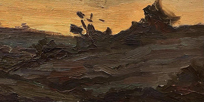 Oil painting In the West by Oleg Kravets: turbulent dark waves under golden sky