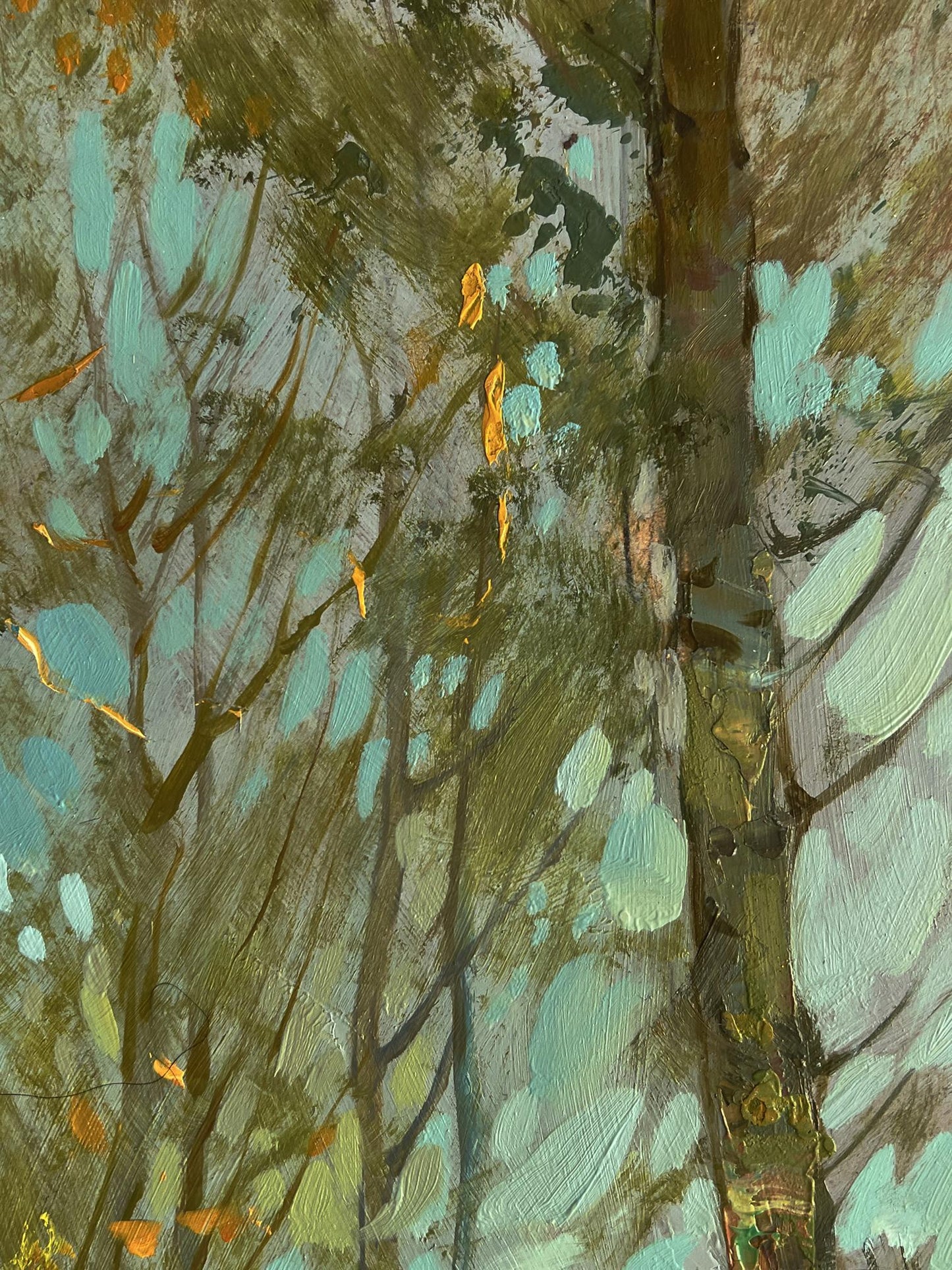 Abstract teal olive gold expressionist oil painting Autumn old town street by Yuriy Suprunchuk