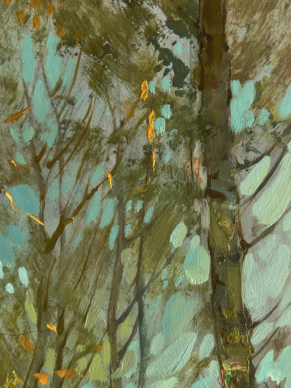 Abstract teal olive gold expressionist oil painting Autumn old town street by Yuriy Suprunchuk