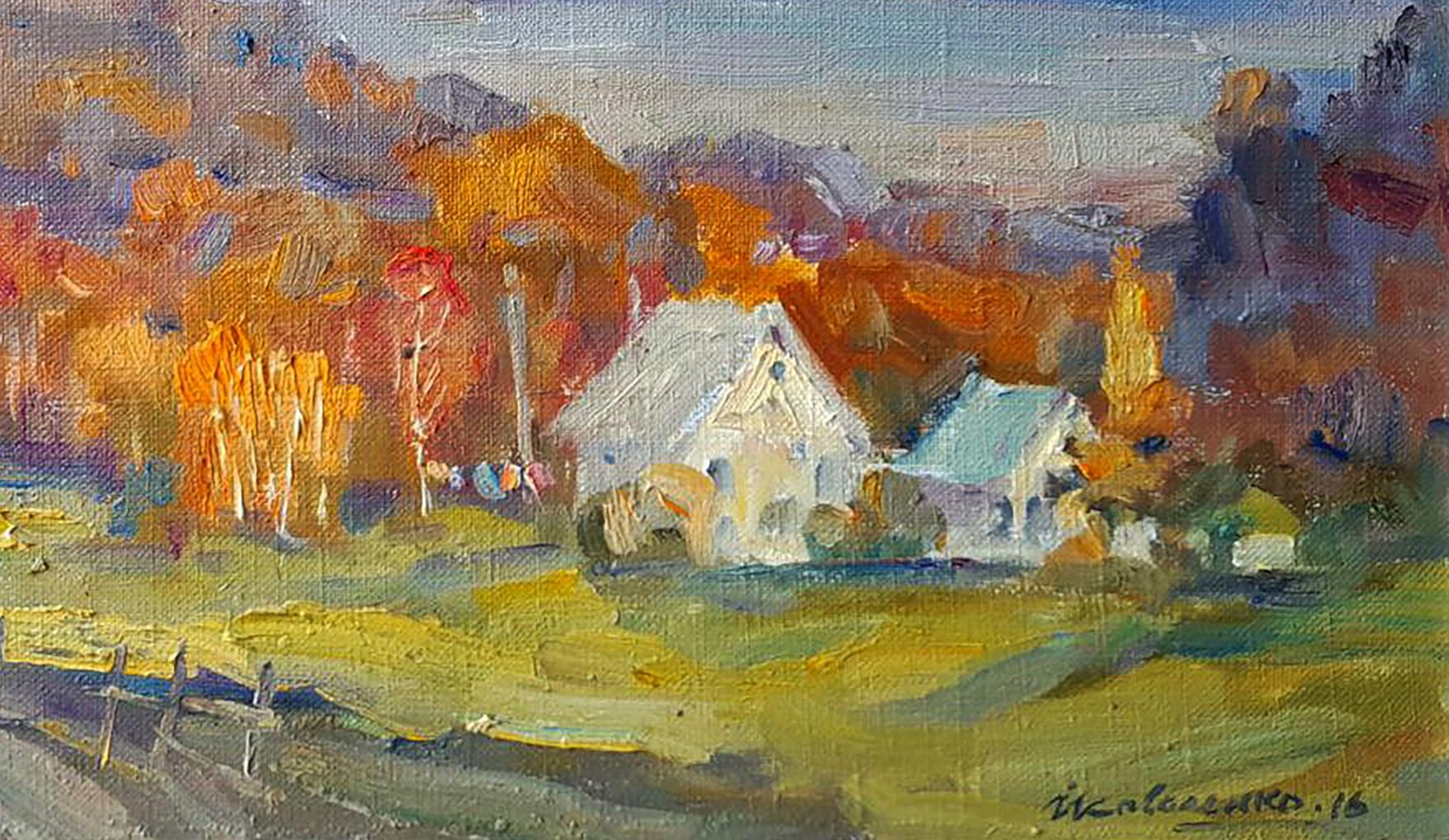Impressionistic white gabled house in autumn mountains by Ivan Kovalenko
