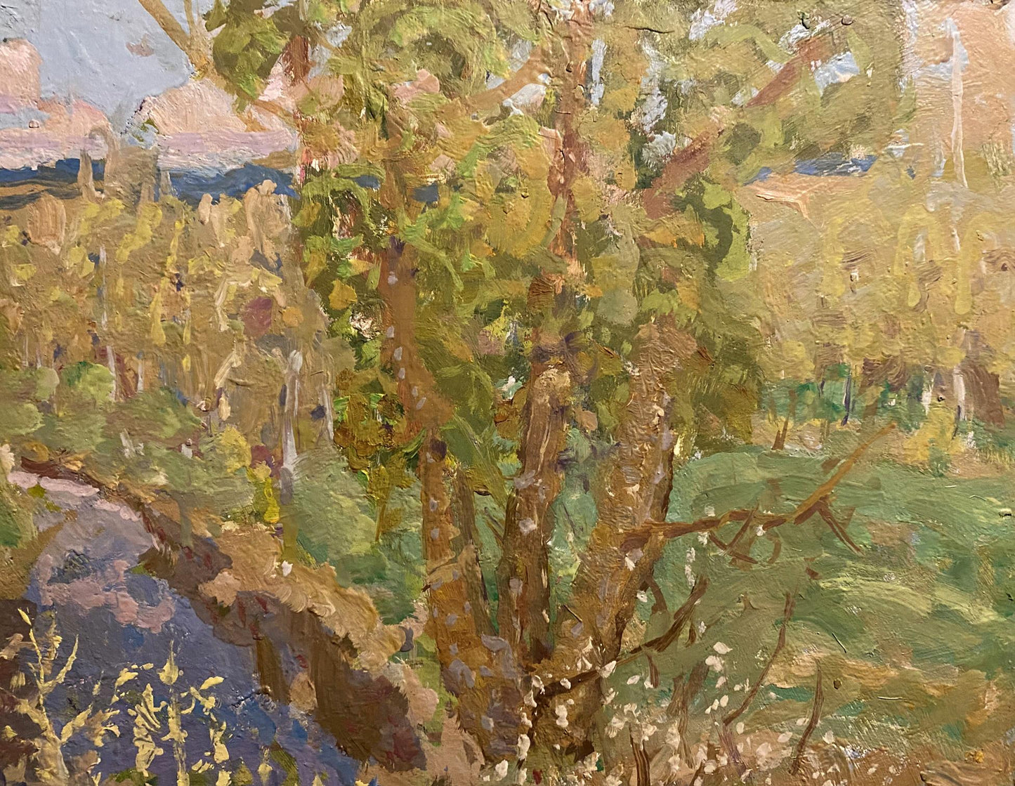 Oil painting April by Georgy Kolosovsky: textured tree with brown bark, green foliage