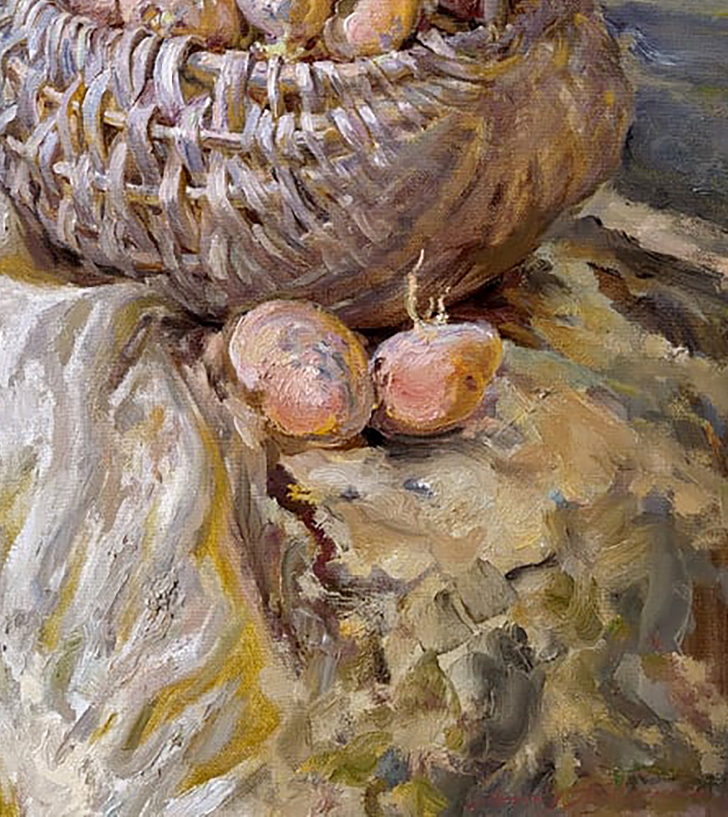 Oil painting by Leonid Pavlenko: wicker basket of earthy onions