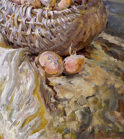 Oil painting by Leonid Pavlenko: wicker basket of earthy onions