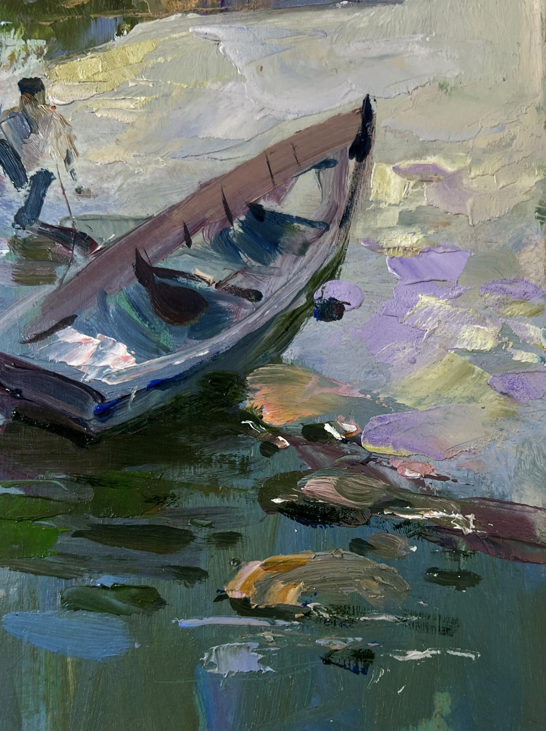 Oil painting of rustic rowboat on lily pads by Yuriy Suprunchuk