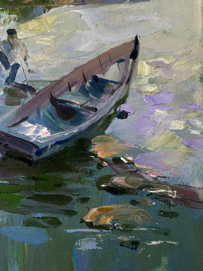 Oil painting of rustic rowboat on lily pads by Yuriy Suprunchuk