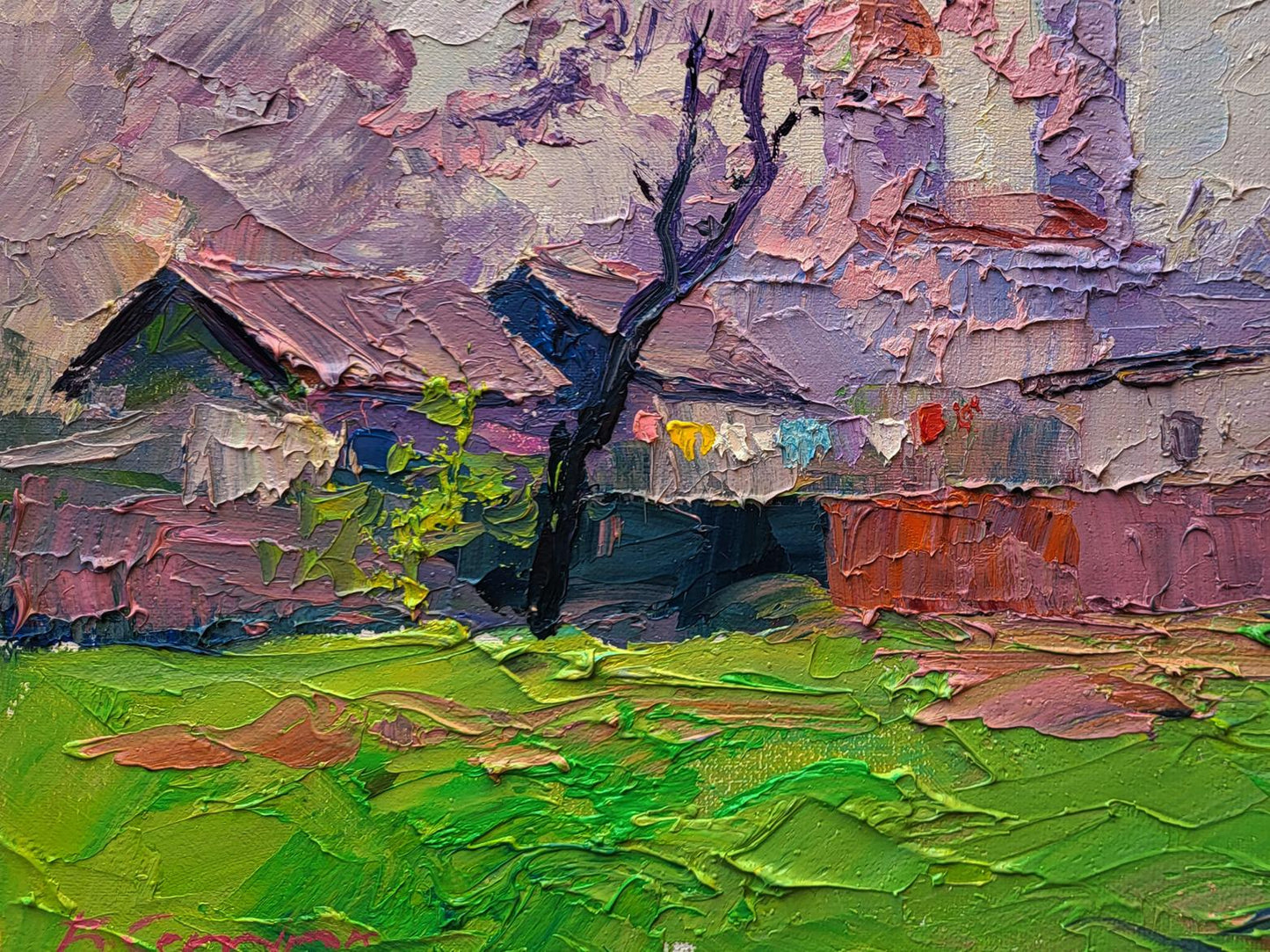 Oil painting Spring has come by Boris Serdyuk with dark tree and vibrant grass