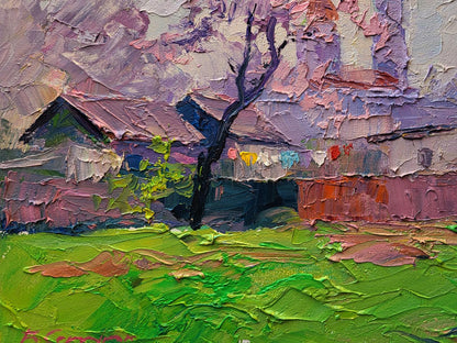 Oil painting Spring has come by Boris Serdyuk with dark tree and vibrant grass