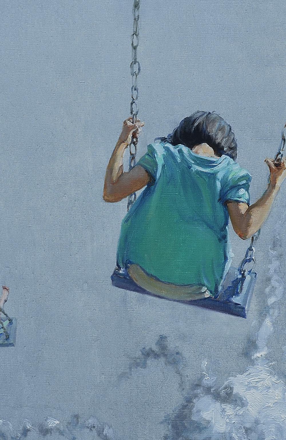 Oil painting Aerial skating by Oleg Kateryniuk: child on teal swing
