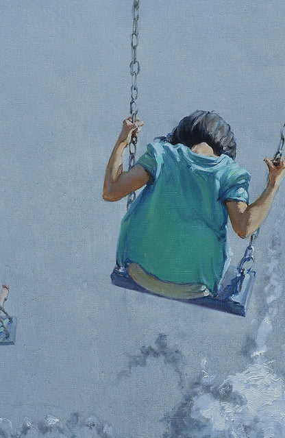 Oil painting Aerial skating by Oleg Kateryniuk: child on teal swing