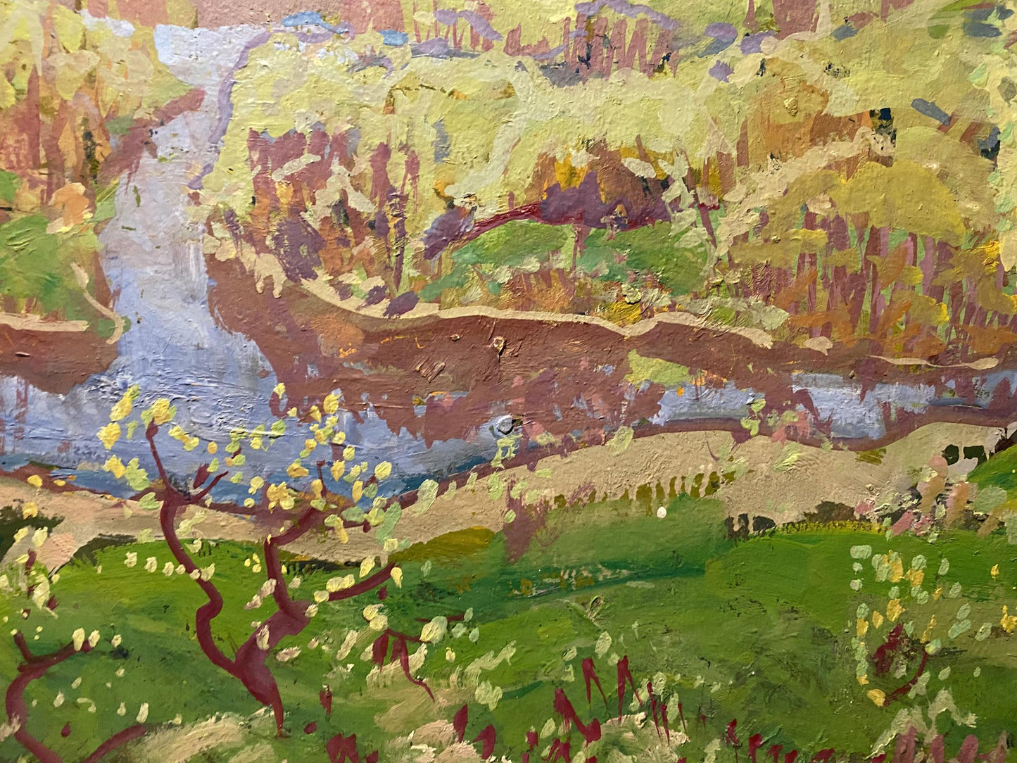 Oil painting Evening by Georgy Kolosovsky: vibrant river and hills